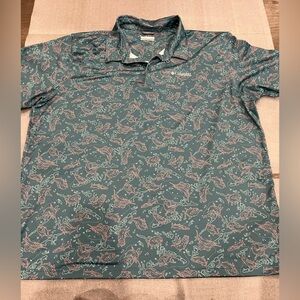 [XXL/2TG]Columbia Men's Green Fish Patterned PFG Fishing Polo Shirt